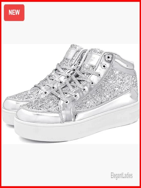 Women's Platform Glitter Sneakers High Top Sparkly Dressy Sequin Metallic - Picture 3 of 7